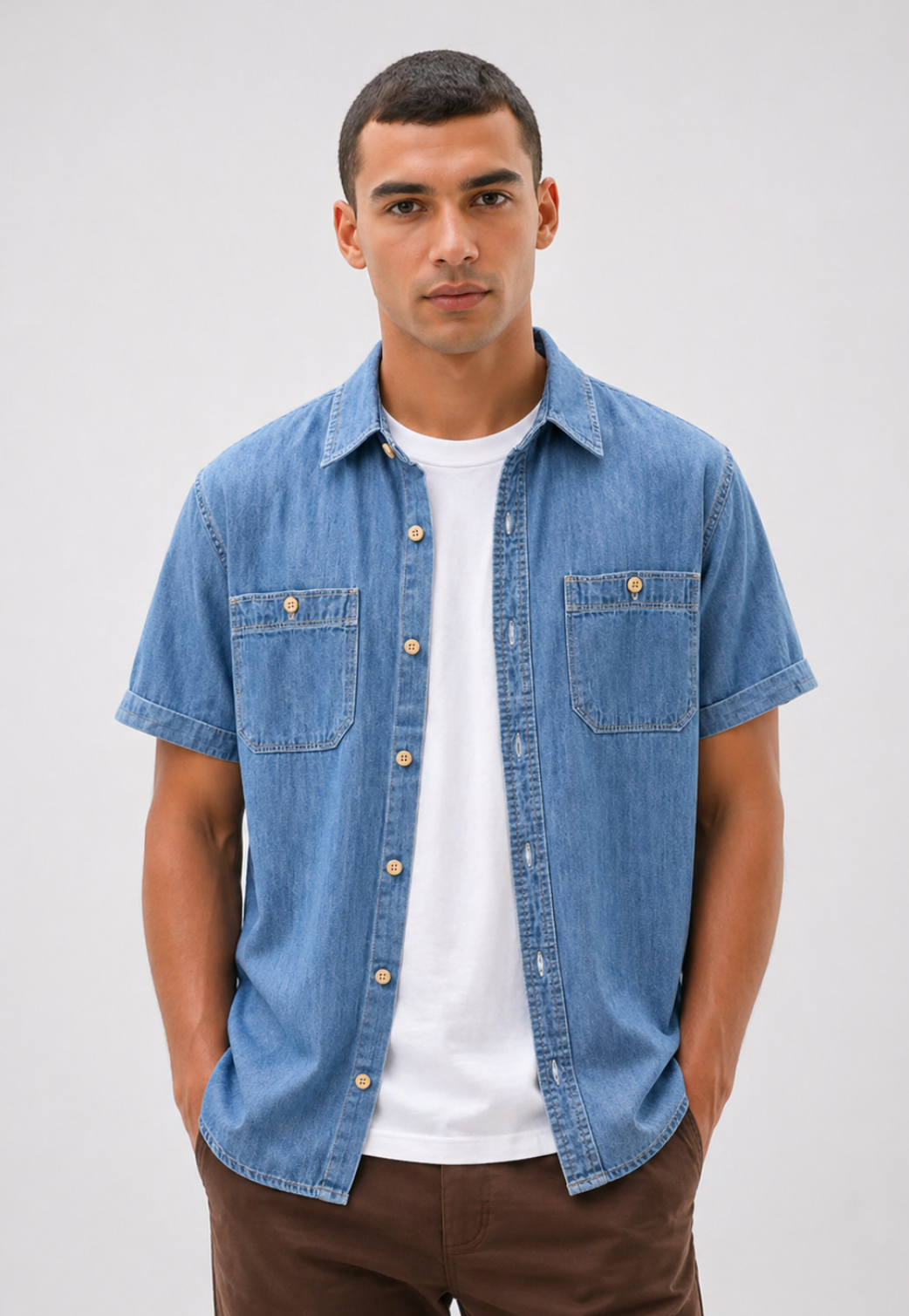 Camisa Jeans Slim Manga Curta