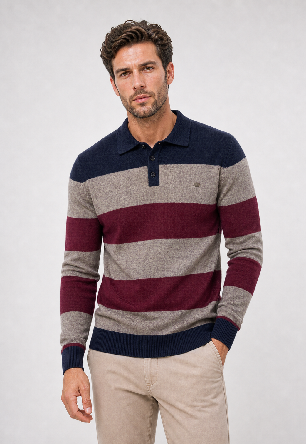 Suéter Polo Listrado Button-Up