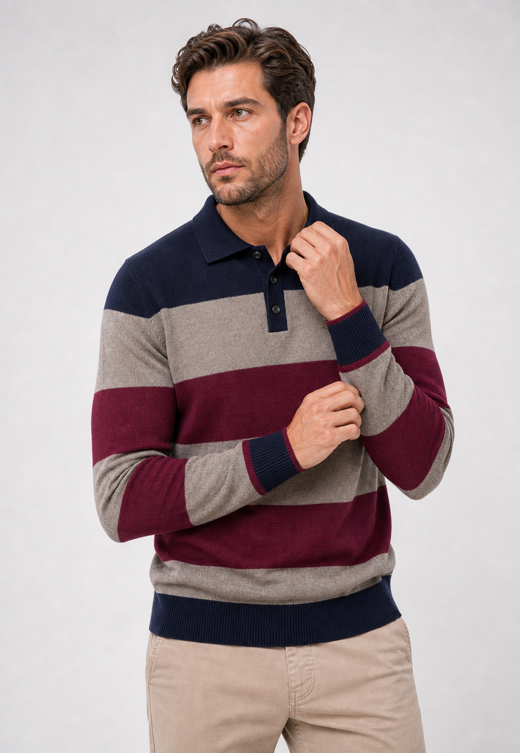 Suéter Polo Listrado Button-Up